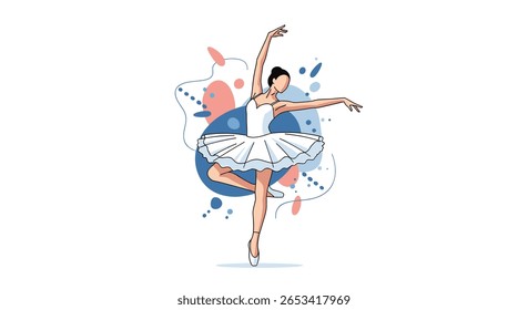 Bailarina graciosa realizando uma pose elegante com um tutu fluente contra um pano de fundo de elementos artísticos abstratos