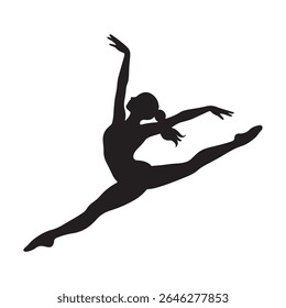 Bailarina graciosa realizando um salto dividido com braços estendidos em uma silhueta