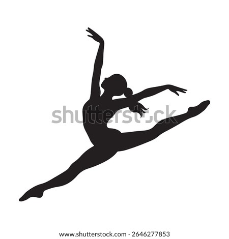 Graceful ballerina performing a split leap with arms extended in a silhouette