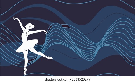 Graceful Ballerina Silhouette with Flowing Blue Waves  - Abstract art, minimalist design, vector illustration, contemporary art, graphic design, elegant lines, rhythmic patterns, fluid motion, dynamic