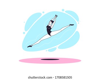 Graceful ballerina woman in outline minimalist style. Ballet dancer performs jump and soars with twine in the air. Ballet posture and posing, dance performance, acrobatic show. Vector illustration