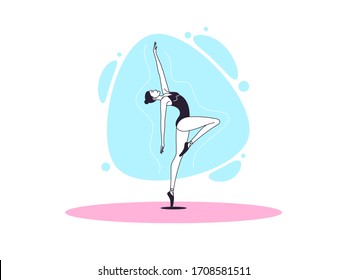 Graceful ballerina woman in outline minimalist style. Ballet dancer stands on one leg, bends back and looks up. Ballet posture and posing, dance performance, acrobatic show. Vector illustration