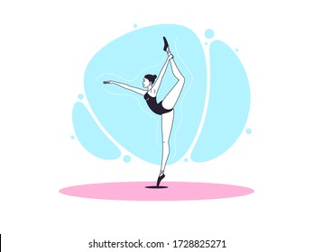 Graceful Ballerina Woman In Outline Minimalist Style. Ballet Dancer Stands On One Leg, Keeps Another Leg From Above. Ballet Posture And Posing, Dance Performance. Vector Illustration