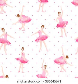 Graceful ballerinas dance on pink polka dot background seamless vector pattern