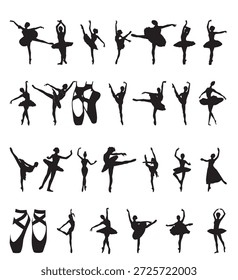 Anmutige Balletttänzerin Silhouetten präsentiert verschiedene elegante Posen und klassische spitze Schuhe