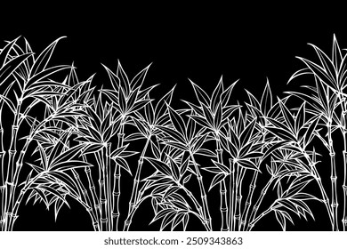 Graceful bamboo Seamless pattern, background with tropical south east asian forest. Hand drawn monochrome vector illustration for wall arts, fabric, prints. Japanese, Chinese, Korean motives.