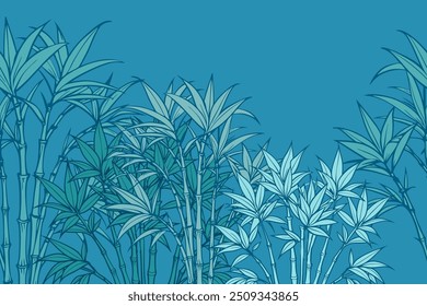 Patrón de bambú elegante, fondo con bosque tropical del sudeste asiático. Ilustración vectorial monocromática dibujada a mano para artes de pared, tela, estampados. Motivos japoneses, chinos, coreanos.