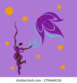 Graceful beautiful girl dancing, beautiful movement, ribbon in her hands, flower, purple, slender girl, fluttering like a butterfly, flies, light gait