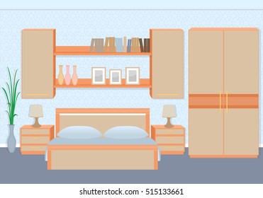 Graceful bedroom interior with furniture, bookshelves, photoframes. Flat style vector illustration.