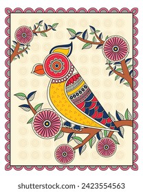 Graceful Bird: Madhubani Indian Folk Art. Traditional Madhubani Bird Painting, Ethnic Indian Folk Artwork
Colorful Bird Illustration in, Madhubani Style.