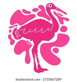 graceful bird standing with long neck surrounded by pink liquid splash patterns