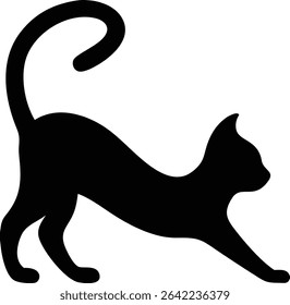 Graceful black cat silhouette in a full stretch. Perfect for animal wellness, flexibility themes, feline art, or playful pet product designs