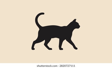 Graceful black cat silhouette walking with an arched tail on a warm cream-colored minimalist background.