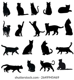 Graceful black cat silhouettes in dynamic poses, set against a white background. Ideal for branding, prints, and apparel. Sleek minimalist design meets modern feline elegance.