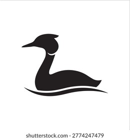 Graceful black grebe silhouette vector icon swimming on water surface