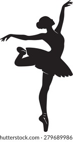 Graceful black silhouette of a ballet dancer performing an arabesque pose with poised elegance.