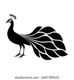 Uma silhueta preta graciosa de um pavão com sua crista distinta e penas da cauda fluindo, perfeita para o luxo, beleza ou temas decorativos.