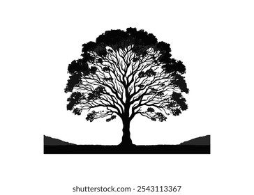 Graceful black tree silhouette with flowing isolated on a white background for modern and stylish vector illustrations