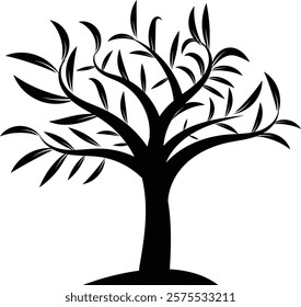 Graceful black tree silhouette with flowing roots, isolated on a white background for modern and stylish vector illustrations.