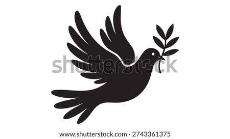 Graceful black vector illustration of a dove in flight, carrying an olive branch, symbolizing universal peace, hope, and new beginnings for various design projects, embodying spiritual serenity and international goodwill through its clean, simple graphic design.