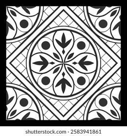 Graceful Black and White Floral Vector Pattern | Elegant Geometric Tile for Fashion, Fabric, Interior and  Carpet | Stylish Digital Texture with Timeless Ornamental Elegance and  Decorative Flair.
