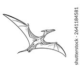 Graceful black and white illustration of a Pteranodon in flight, highlighting its large wingspan and distinctive crest. Perfect for educational content, aviation themes, or prehistoric wildlife design