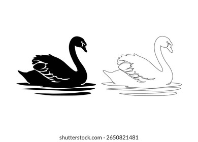 Ilustrações de cisne preto e branco graciosas, com uma silhueta sólida e um desenho de linha contínua