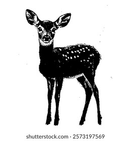 graceful black and white vector illustration of a young deer standing in profile, crafted with delicate textures and realistic shading to evoke a sense of natural beauty.