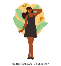 Graceful Black Woman Stands Confidently, Her Elegance Accentuated By A Chic Black Summer Dress. African American Female Character Exuding Sophistication And Style. Cartoon People Vector Illustration