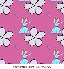 Graceful blonde ballerina and flower seamless pattern. Dance background vector hand drawn illustration. Design for wrapping paper, packaging, wallpaper, textile.