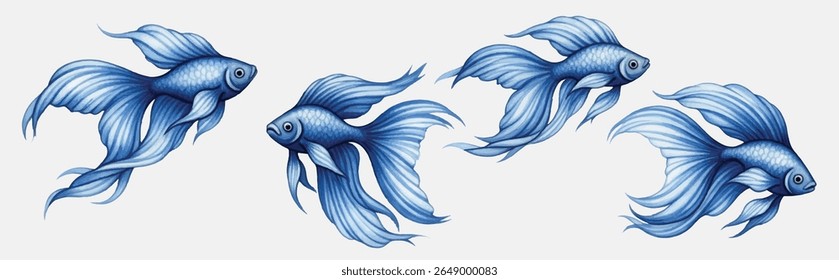 Peixe betta azul gracioso com barbatanas fluidas e detalhes ricos perfeito para decoração com tema aquático, ilustrações digitais ou desenhos inspirados em animais de estimação com cor arrojada e elegância subaquática serena.