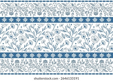 graceful blue floral border featuring soft petal lines and flowing botanical curves in one line sketch format

