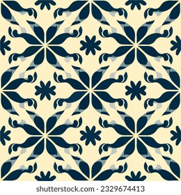 Graceful blue and white tiles form an art nouveau inspired pattern on a wall, reminiscent of patterned fabric and traditional tilework.