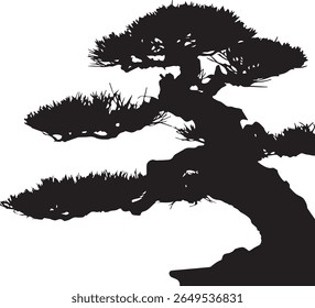 A graceful bonsai tree silhouette swaying in a soft breeze, rendered in clean black lines over a pure white background. Ideal for zen-inspired projects, meditation graphics, and minimalist nature 