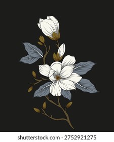 A graceful botanical design featuring delicate white magnolia blossoms paired with soft blue-gray leaves and natural brown branches. The minimal background highlights the beauty of the flowers, making it perfect for wallpapers, fabric prints, and elegant décor projects.