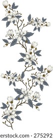 A graceful botanical design featuring delicate white magnolia blossoms paired with soft blue-gray leaves and natural brown branches. The minimal background highlights the beauty of the flowers, making it perfect for wallpapers, fabric prints, and elegant décor projects.