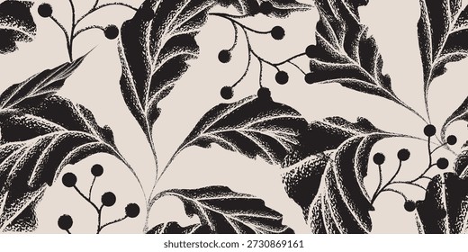Graciosa flor botânica padrão sem emenda. Grunge gráfico de flor preto e branco. Design estético desenhado à mão. Ilustração vetorial