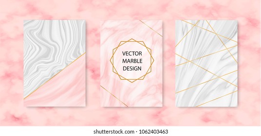 Graceful brochure set, geometric shape with golden line and marble stone texture, pink tone