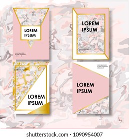 Graceful brochure set, geometric shape with golden line and marble stone texture, pink tone