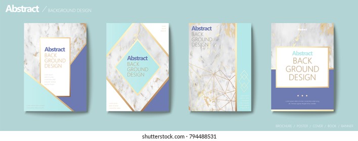 Graceful brochure set, geometric shape with golden line and marble stone texture, aqua blue tone