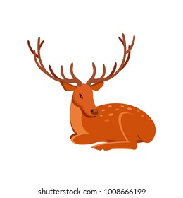 Graceful brown deer with antlers lying, wild animal cartoon vector Illustration