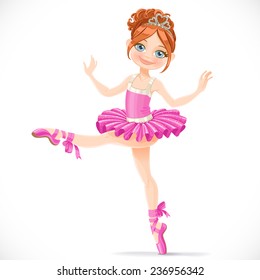 Graceful brunette ballerina girl dancing in pink dress isolated on a white background