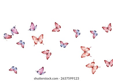 Graceful butterflies in vibrant shades of red, pink, and purple dance across a clean white background. Perfect for elegant designs, nature inspired projects, invitations, and artistic creations.