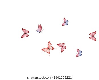 Graceful butterflies in vibrant shades of red, pink, and purple dance across a clean white background. Perfect for elegant designs, nature inspired projects, invitations, and artistic creations.