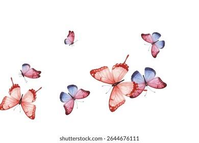 Graceful butterflies in vibrant shades of red, pink, and purple dance across a clean white background. Perfect for elegant designs, nature inspired projects, invitations, and artistic creations.