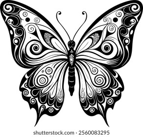 "Graceful Butterfly Design: Detailed Black Swirls on Pure White Wings"