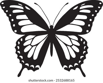 A graceful butterfly silhouette in vector style, featuring elegant, symmetrical wings with smooth, flowing lines.