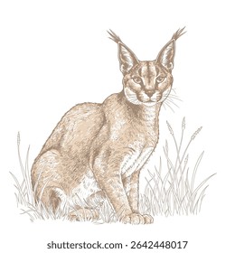 A graceful caracal with tufted ears, depicted in a detailed sketch sitting in tall grass. The illustration highlights the wildcat's natural pose and fur texture, perfect for wildlife and nature-themed
