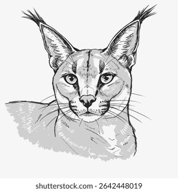 A graceful caracal with tufted ears, depicted in a detailed sketch sitting in tall grass. The illustration highlights the wildcat's natural pose and fur texture, perfect for wildlife and nature-themed