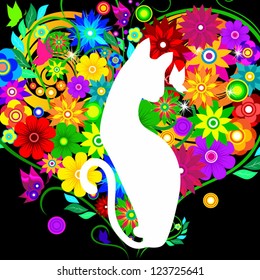 graceful cat on background flowers hearts
